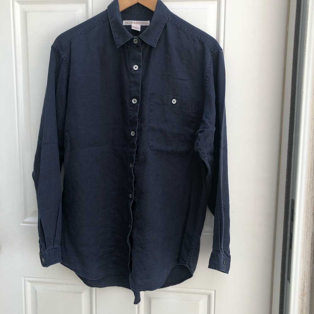 Vintage Smith & Hawken Dark Navy Linen Button-Down Shirt